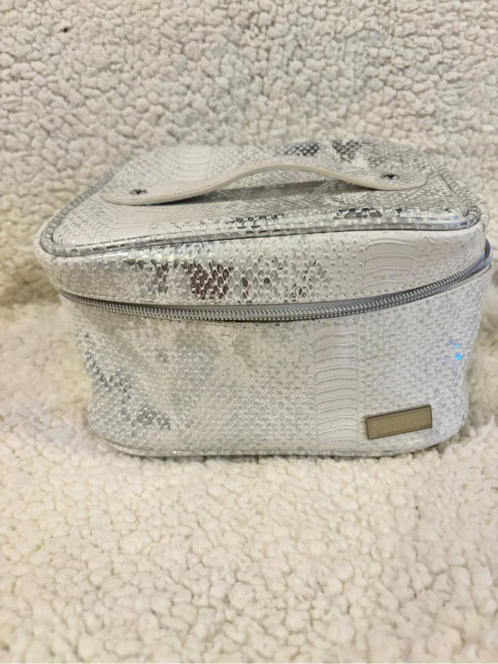 Stephanie Johnson White Snake-Embossed Cosmetic Case with Top Handle